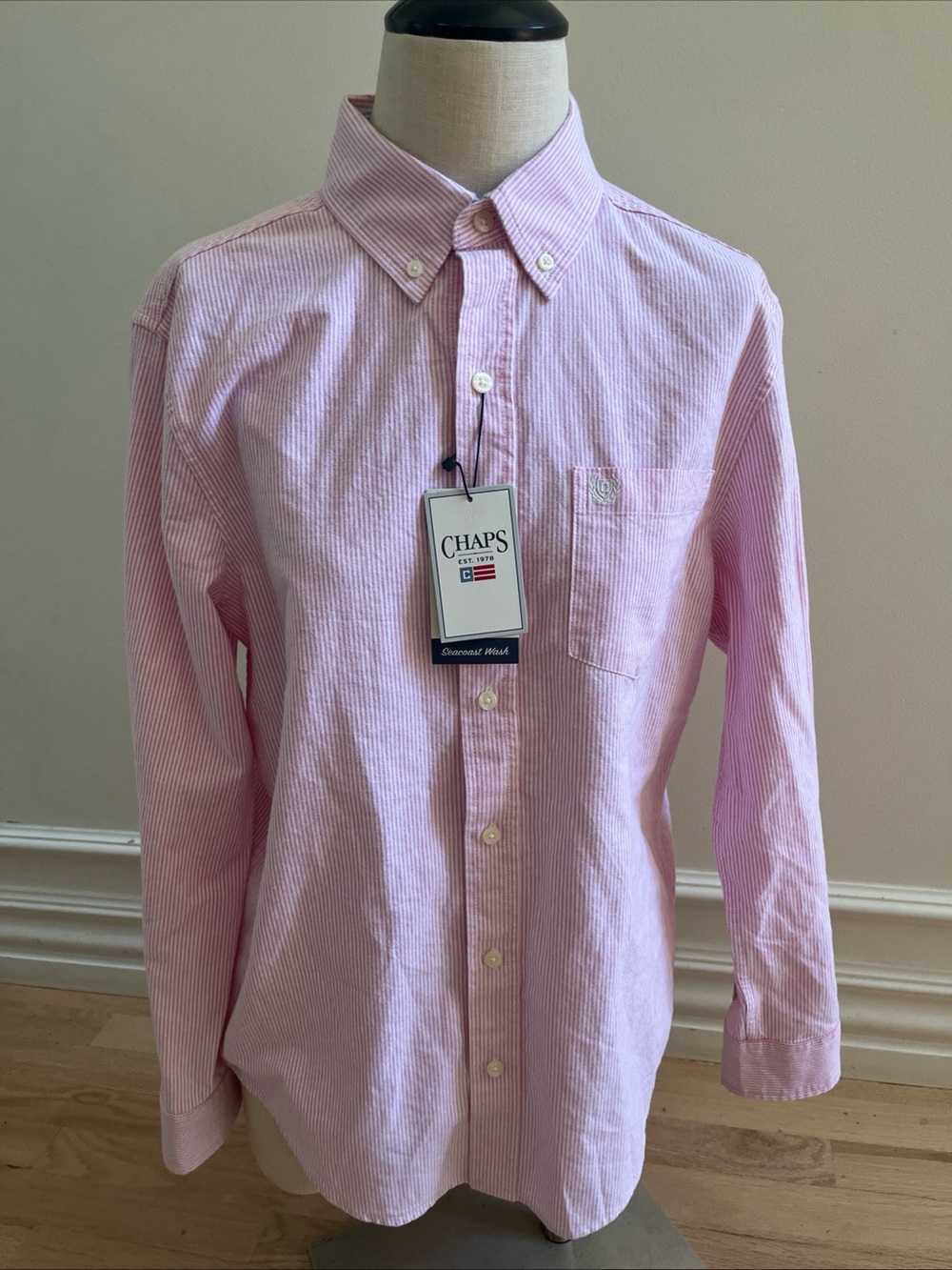 NWT Chaps Men's Seacoast Wash Light Pink Micro-Striped Button-Down Shirt small